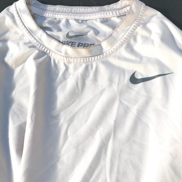 NIKE Pro Combat Dri Fit Long Sleeve White Athletic Workout Shirt - Picture 1 of 8